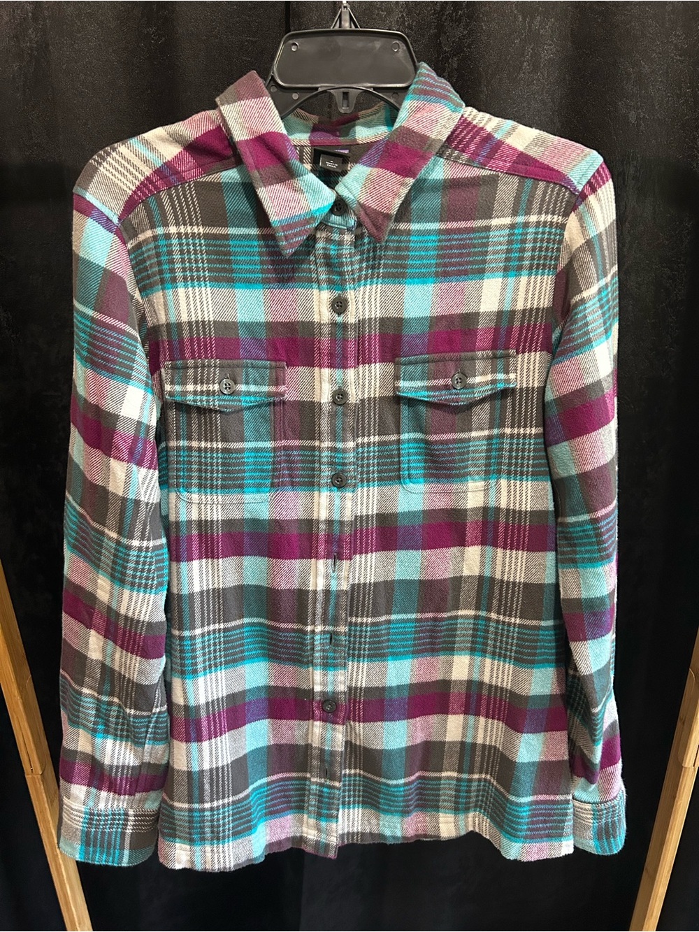 Patagonia Plaid Button-Down Shirt in Teal, Purple and Gray